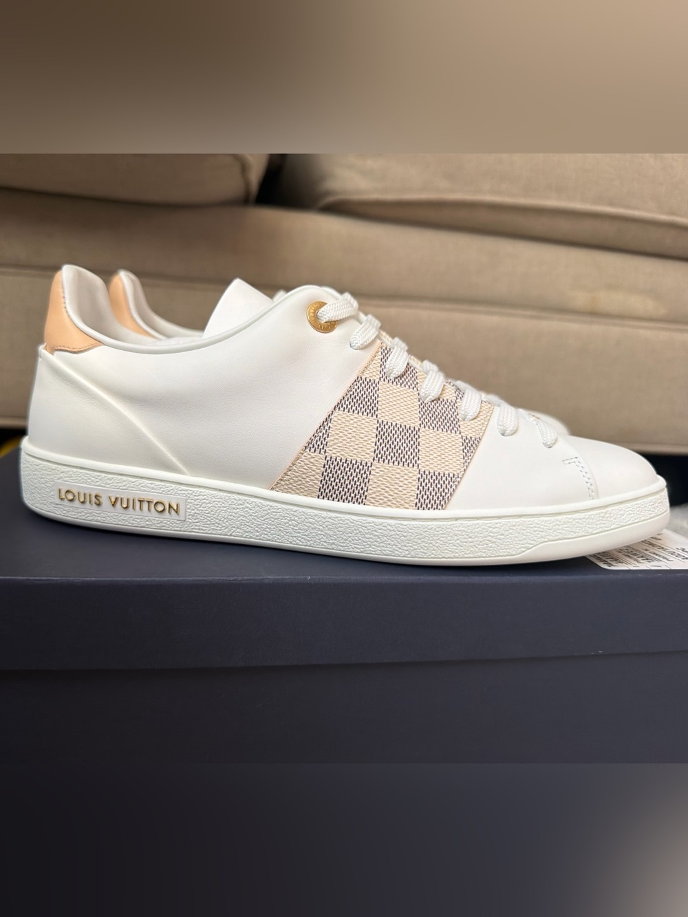 Women’s Louis Vuitton White & Beige Damier Low-Top front row Sneaker